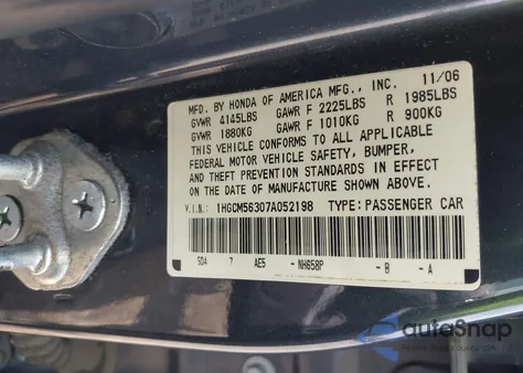 2007 Honda Accord 2.4 Se из США, поврежденный, VIN 1HGCM56307A052198